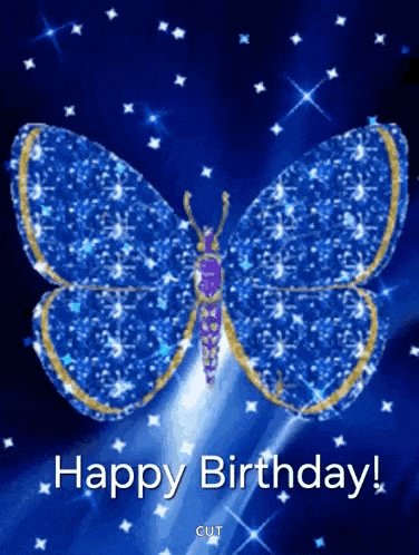 a blue butterfly is flying through the air with the words `` happy birthday '' below it .