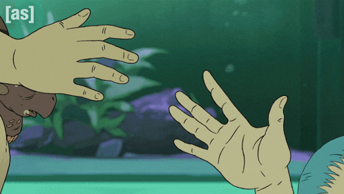 a cartoon drawing of two hands reaching out towards each other with the words [ as ] visible in the corner