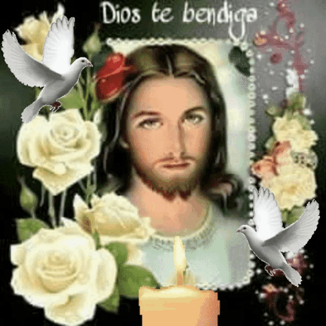 a picture of jesus surrounded by roses and a candle with the words dios te bendiga