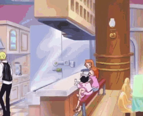 a woman sits on a bench in a kitchen next to a man