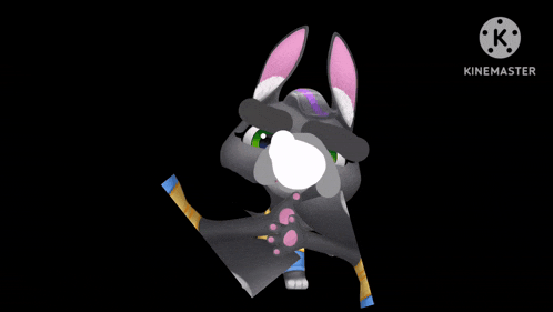 a cartoon of a rabbit with a pink ear and green eyes is on a black background with a kinemaster logo