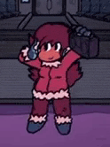 a cartoon character is standing on a purple floor holding a microphone and wearing a red jacket .