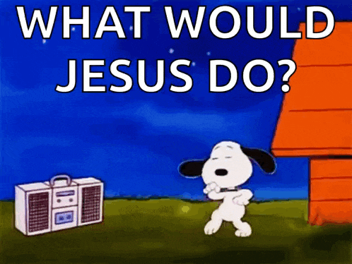 a cartoon of snoopy dancing in front of a boombox with the words what would jesus do .