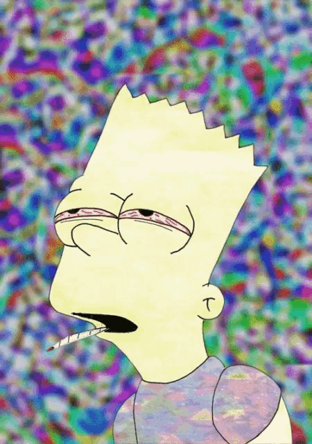 bart simpson smoking a cigarette with a colorful background behind him