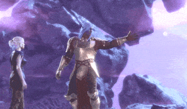 a man in armor is standing next to a woman in a black dress