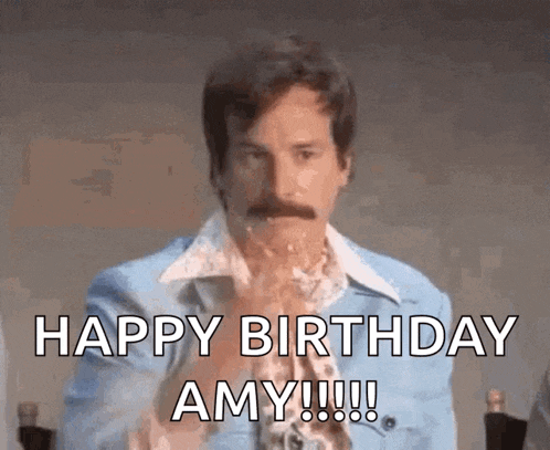 a man with a mustache is eating a piece of cake and says happy birthday amy !!!