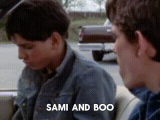 two boys are sitting in a car with the words sami and boo written on the screen