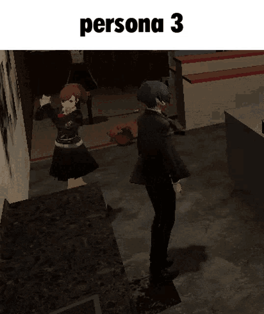 a man and a woman are standing in a room with the word persona 3 above them
