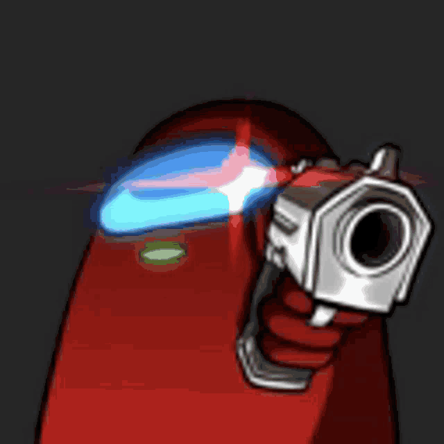 a red among us character is holding a gun and pointing it at someone .