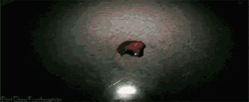 a drop of blood is sitting on the ground in the dark .