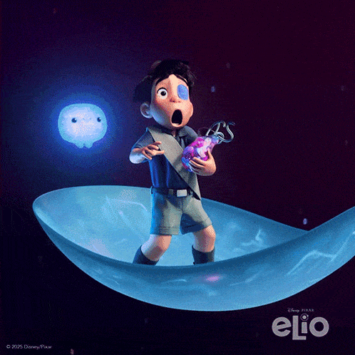 a poster for the movie elio shows a boy holding a bottle