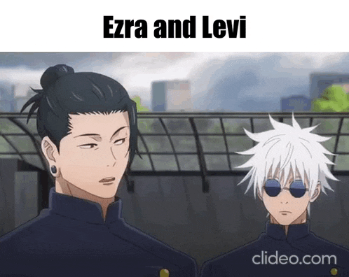 two anime characters , ezra and levi , are standing next to each other and looking at each other .