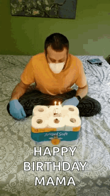 a man wearing a mask and gloves is celebrating his birthday with toilet paper rolls