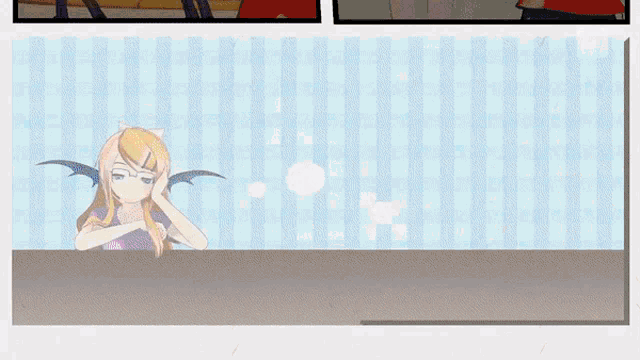 a cartoon of a girl with bat wings and a speech bubble