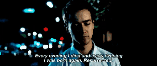 a man in a white shirt says " every evening i died and every evening i was born again "