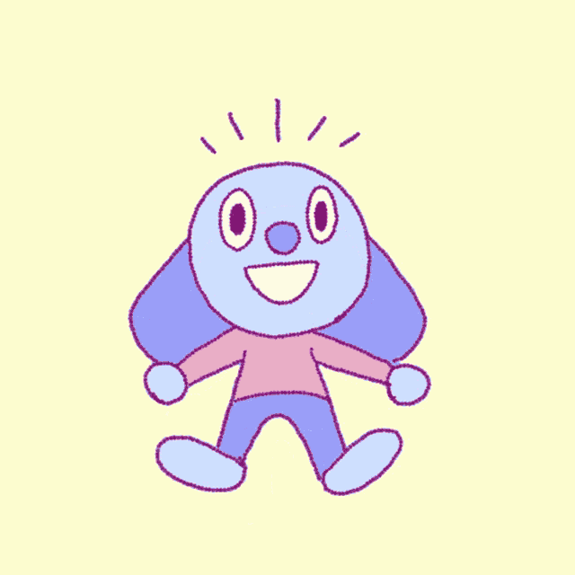 a cartoon drawing of a blue dog with a pink shirt on