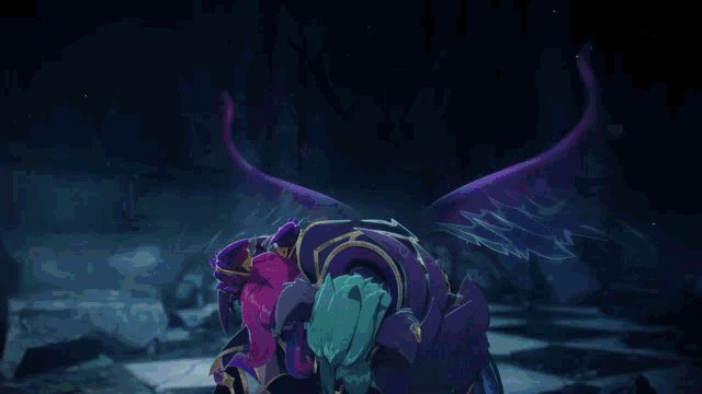 a cartoon character with wings and a crown is standing in a dark cave .