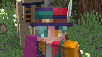 a girl in a hat is surrounded by confetti in a minecraft game .
