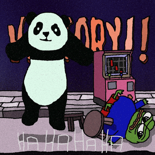 a cartoon drawing of a panda bear standing next to a pink machine that says " nodyi "