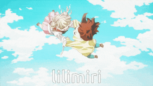 a cartoon of a boy and a girl flying in the air with the word lilimiri below them
