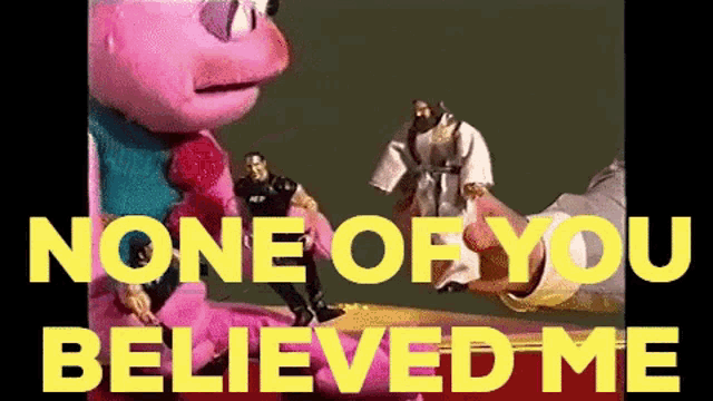 a pink stuffed animal is holding a jesus figurine with the words none of you believed me above it
