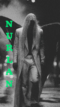 a black and white photo of a man with wings and the word nurlan written in green