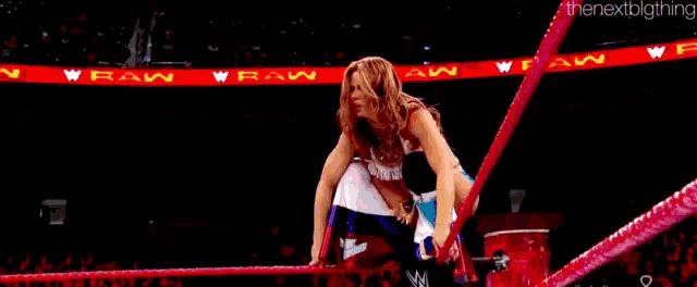 a wrestling match is being held in a ring with a referee .