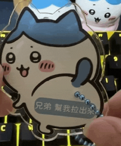 a person is holding a keychain with a cartoon cat on it .