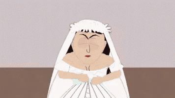 a cartoon of a woman in a wedding dress with red eyes is holding her head .