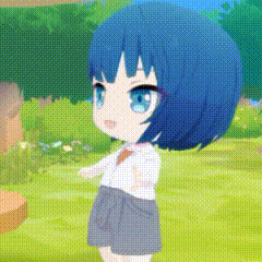 a little girl with blue hair and blue eyes is standing in a field