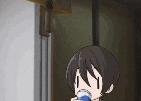 a cartoon character is drinking a can of soda from a can .