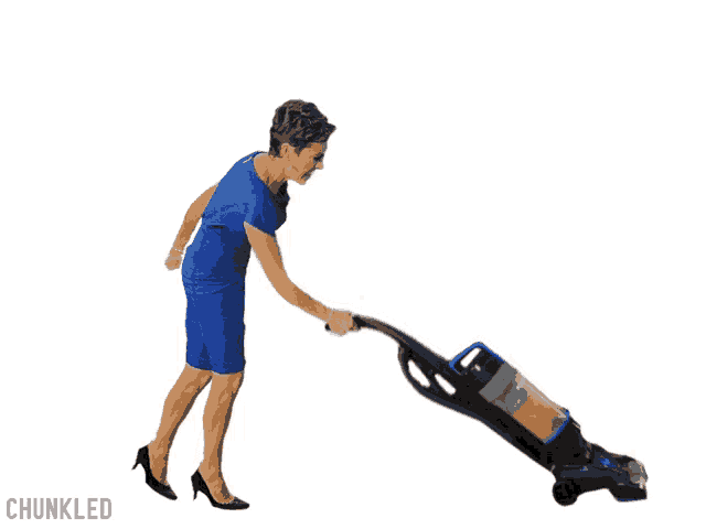 a woman in a blue dress is pushing a vacuum cleaner with the words chunkled on the bottom right