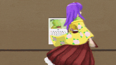 a cartoon of a girl with purple hair and a yellow jacket
