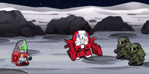 a cartoon of a robot standing on the moon surrounded by other robots .