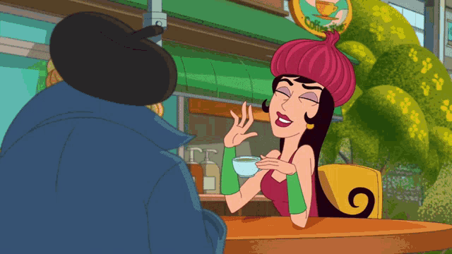 a man and a woman are sitting at a table in front of a sign that says coffee shop