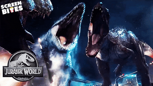 a poster for jurassic world shows a shark and a t-rex
