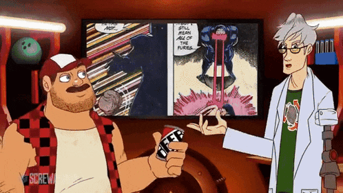 a comic book character is holding a can of beer