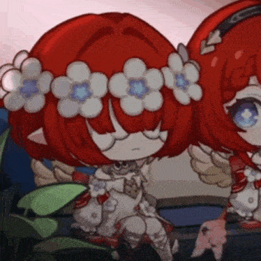 a girl with red hair and flowers in her hair