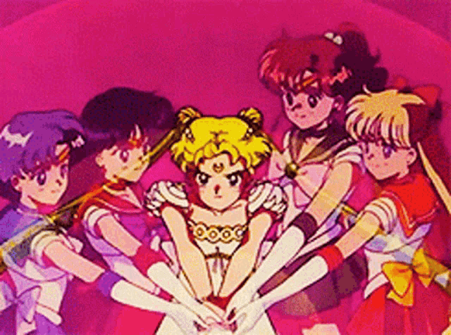 a group of anime girls are standing around each other with their hands on their chests