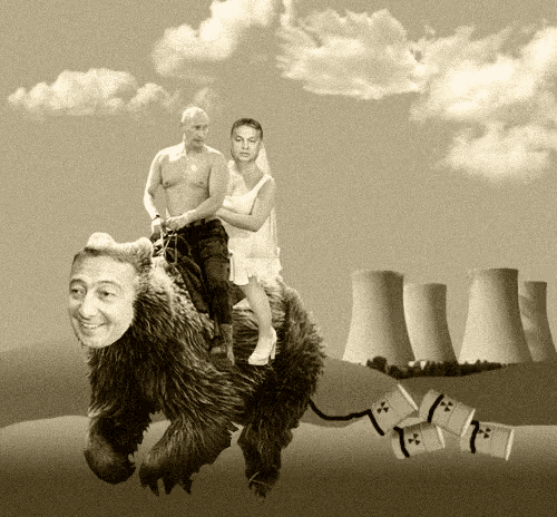 a man and a woman are riding on the back of a stuffed animal