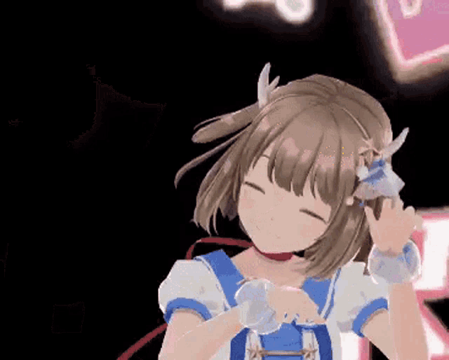 a girl in a blue and white dress with a flower in her hair