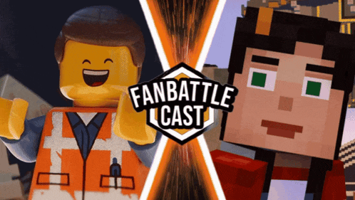 a lego man and a minecraft man are featured in a fan battle cast