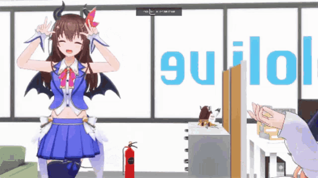 a girl with horns and wings is standing in front of a sign that says gui lol