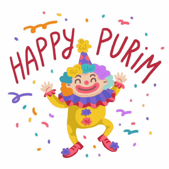 an illustration of a clown with the words happy purim around him