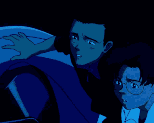a couple of anime characters looking at something in a dark room
