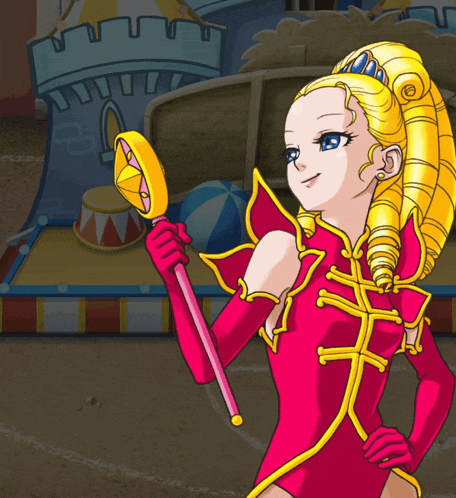 a cartoon drawing of a woman in a pink and yellow outfit holding a wand