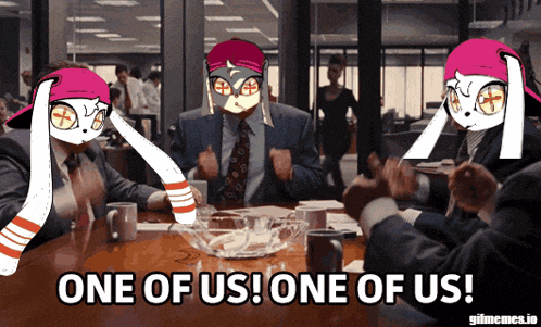 a group of people are sitting around a table and one of them says one of us