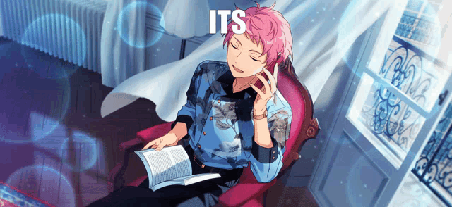 a man with pink hair is sitting in a chair reading a book with the words its above him