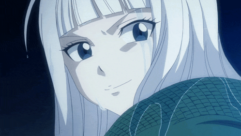 a girl with white hair and blue eyes is looking at the camera