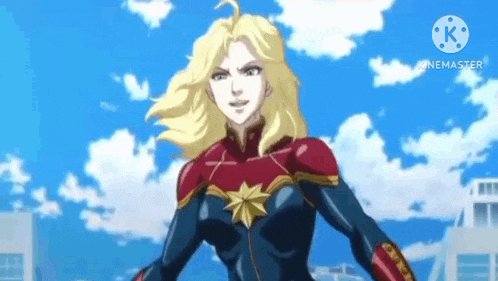 captain marvel is standing in front of a city in a superhero costume .